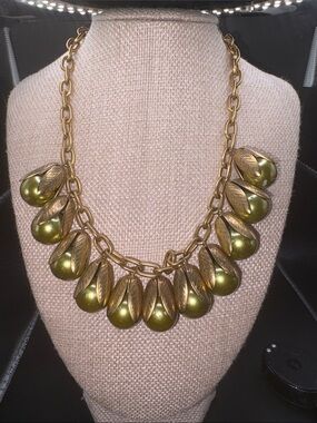 Lenora Dame Olive Green Pearl Leaf Statement Necklace Gold Tone Retired